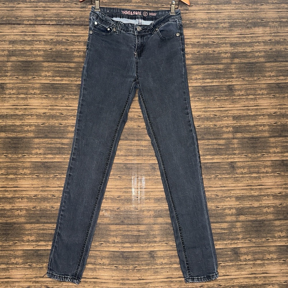 Rebel & Soul Black Skinny Jeans Wing Pocket Rhinestone Bling Size 6
